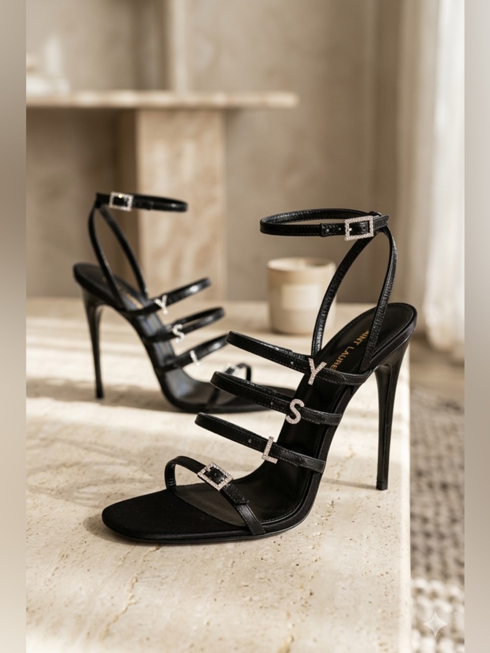 Saint Laurent Jerry Sandals Black Satin Rhinestone YSL Heels EU39 US9 NIB